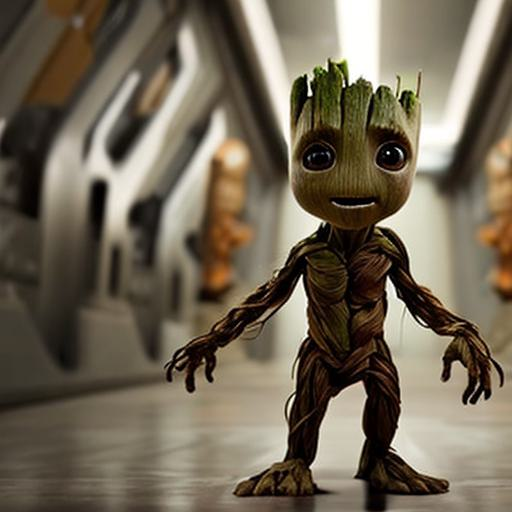 baby Groot is walking on the spacecraft