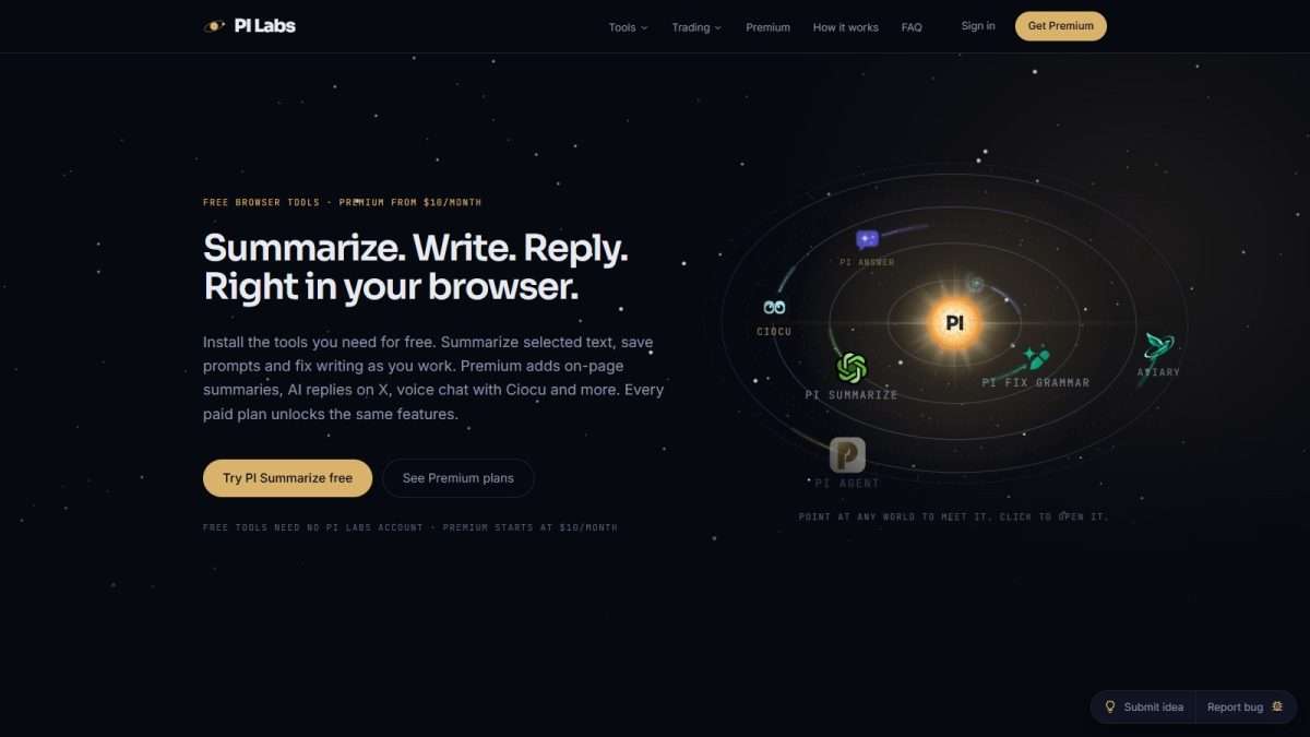PI Labs website: free AI browser tools for summarizing, writing and replying